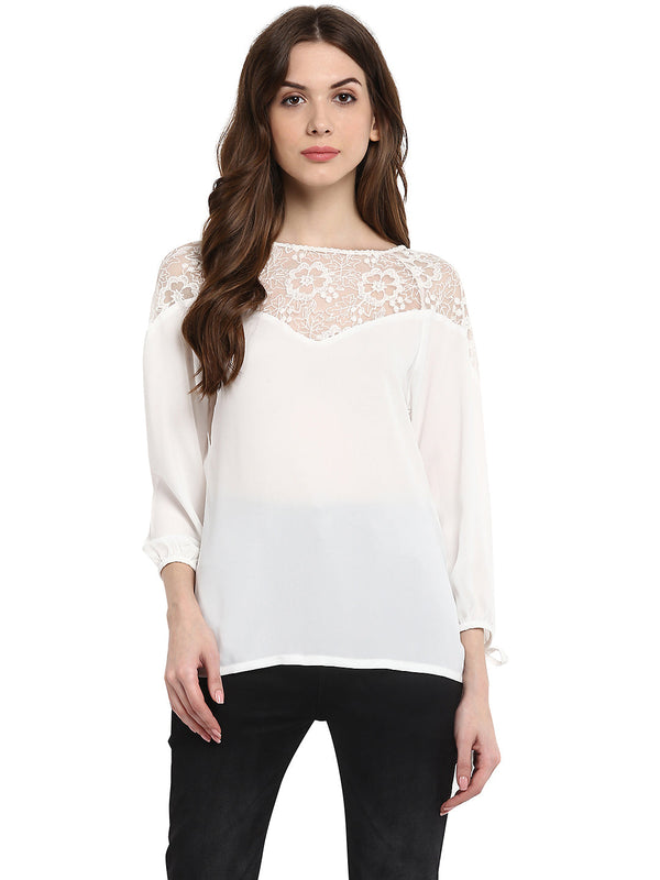 Women's  White Lace Neck Top - StyleStone