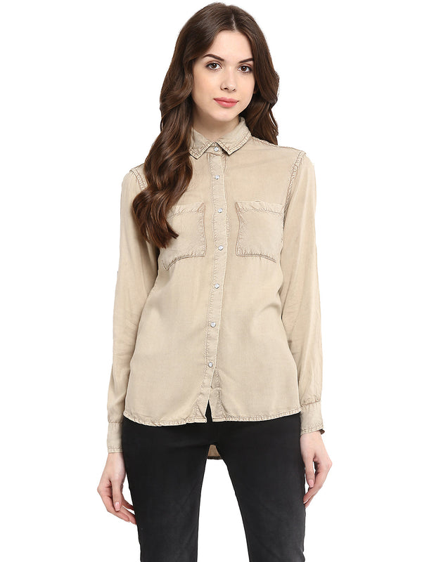 Women's  Beige Rayon Acid Wash Shirt - StyleStone