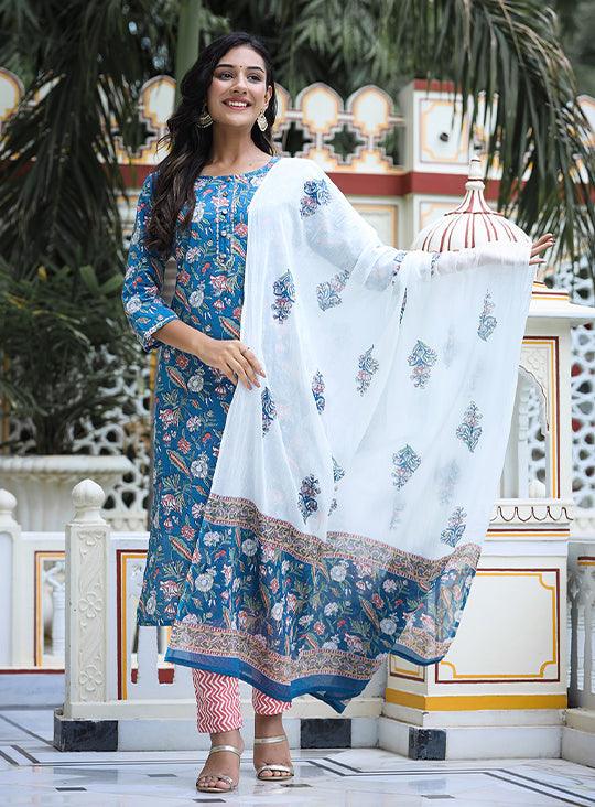 Blue Floral Printed Cotton Suit Set - Indiakreations