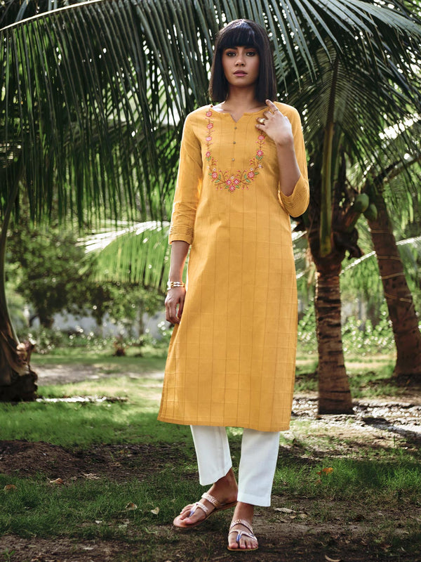 Yellow Pintex Cotton, Embroidered Women's Designer Kurti