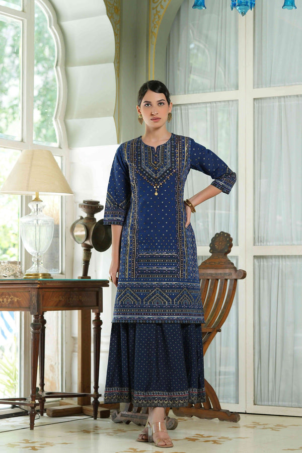 Women's  Indigo Chanderi Placement Printed Double Layred Kurta Dress - Juniper