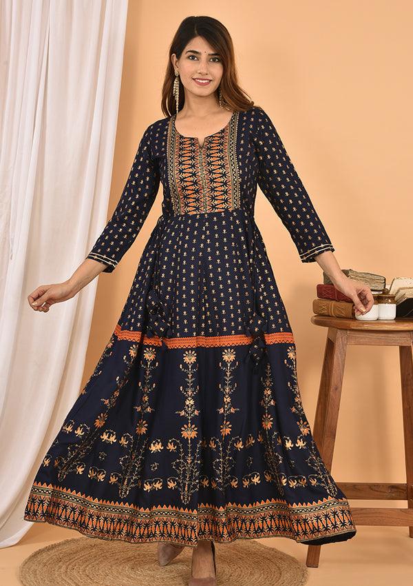 Blue Orange Gold Printed Cotton Ethnic Gown - Indiakreations