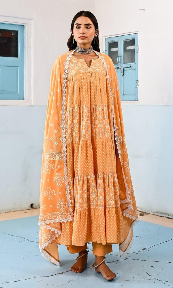 Zahrah 2.0 Orange gather anarkali set - set of 3 - Indiakreations