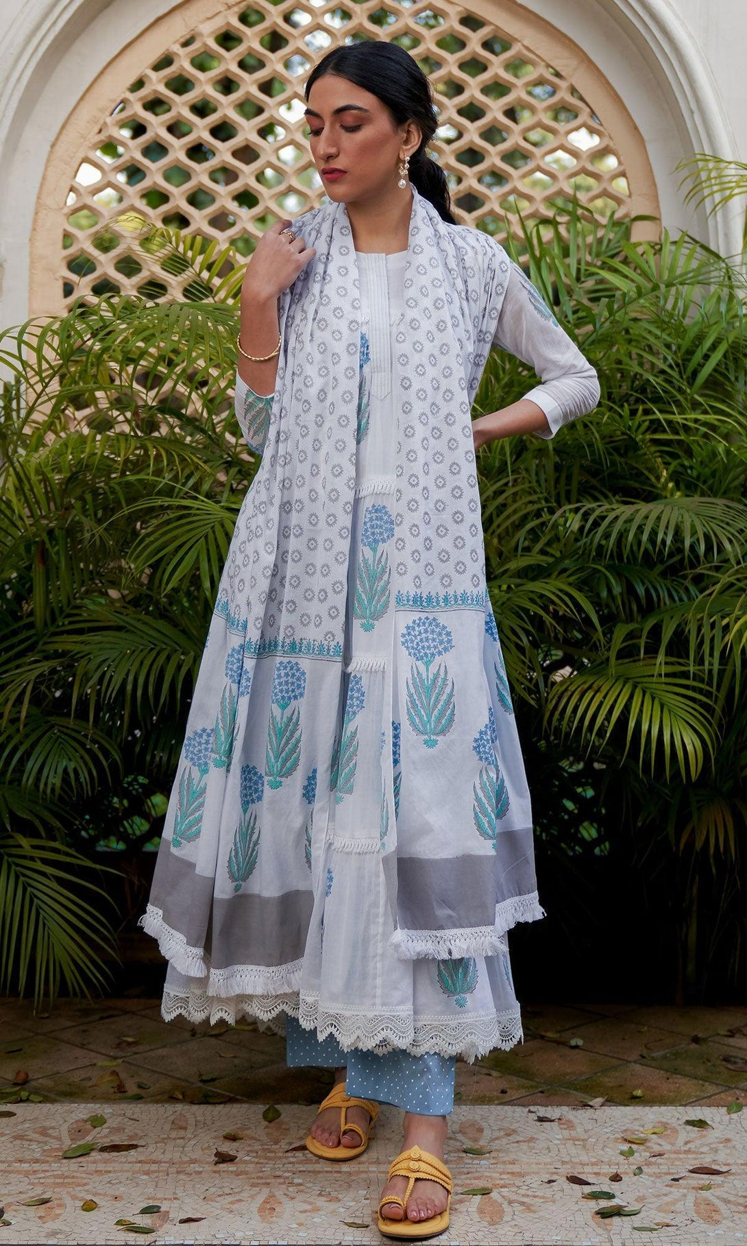 SUKOON POWDER BLUE BLOCK PRINTED TIERED ANARKALI WITH PANTS AND DUPATTA - SET OF 3 - Indiakreations