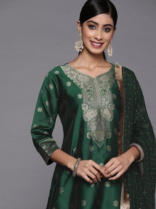 Varanga Women Green Kurta with Trousers & With Dupatta - Indiakreations