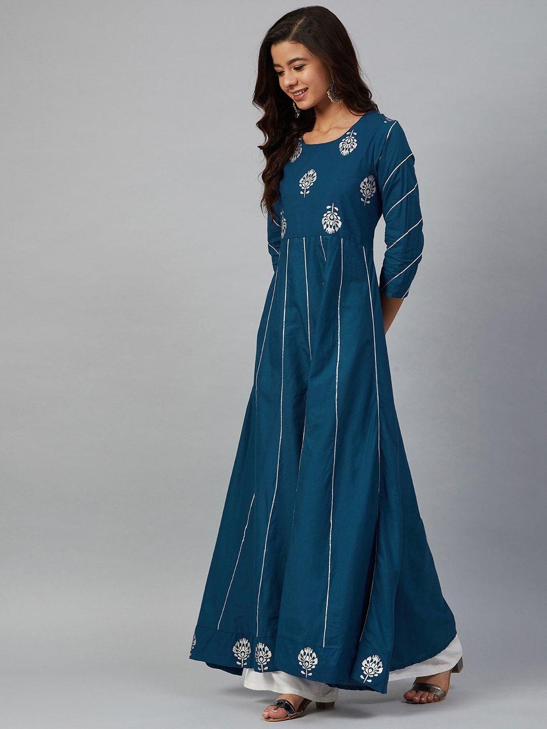 Women's Teal Blue & Silver-Toned Printed Anarkali Kurta - Meeranshi - Indiakreations