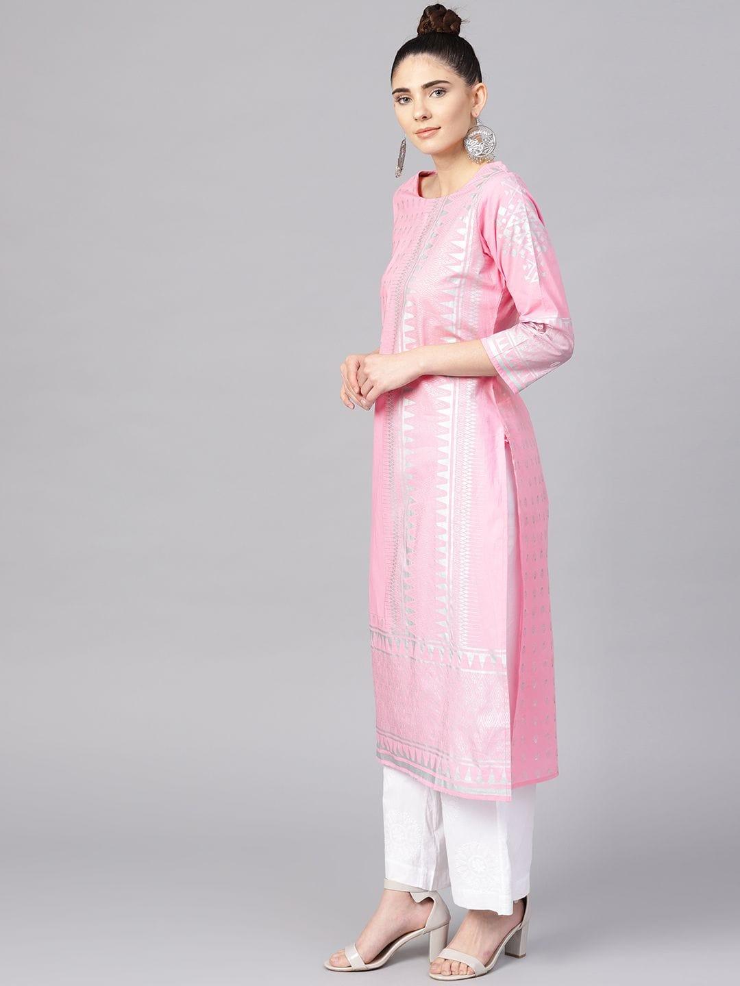 Pink Foil Print Straight Kurta - Indiakreations