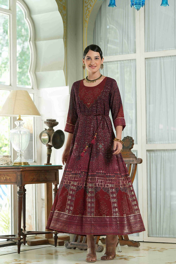 Women's  Maroon Multi Color Printed Anarkali Kurta  - Juniper