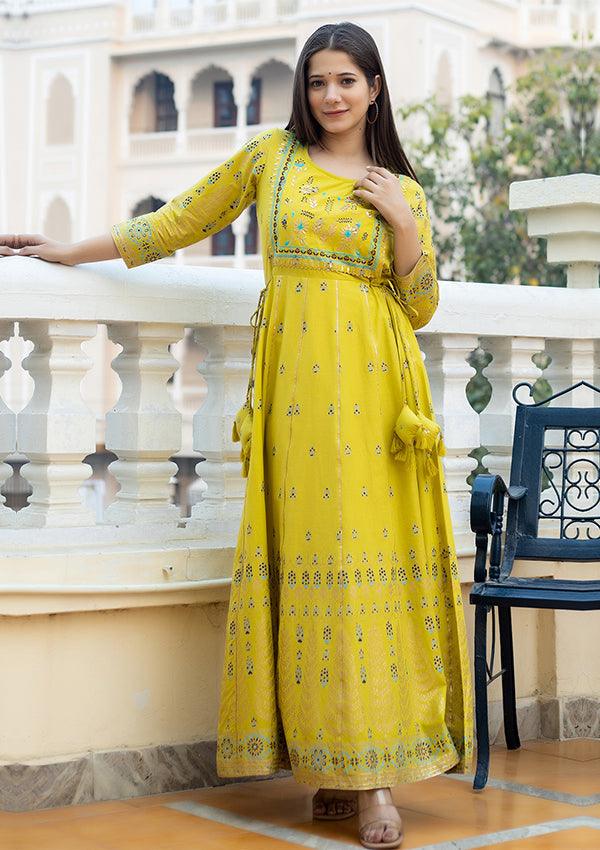 Yellow Gold Printed Long Gown - Indiakreations