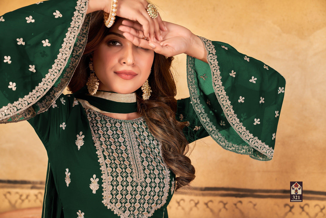 Womens Zari Embroidered Dark Green Designer Salwar Suit - Indiakreations