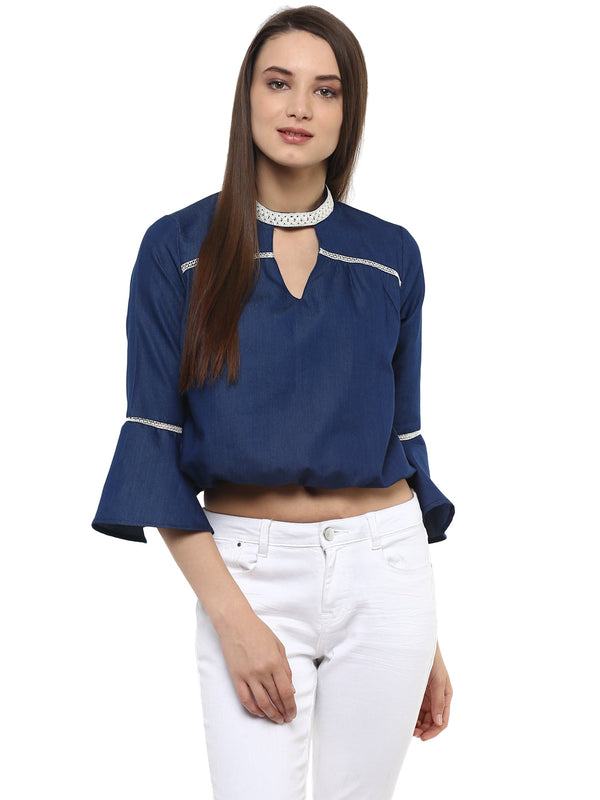 Women's  Denim peasant top with Lace detailing - StyleStone