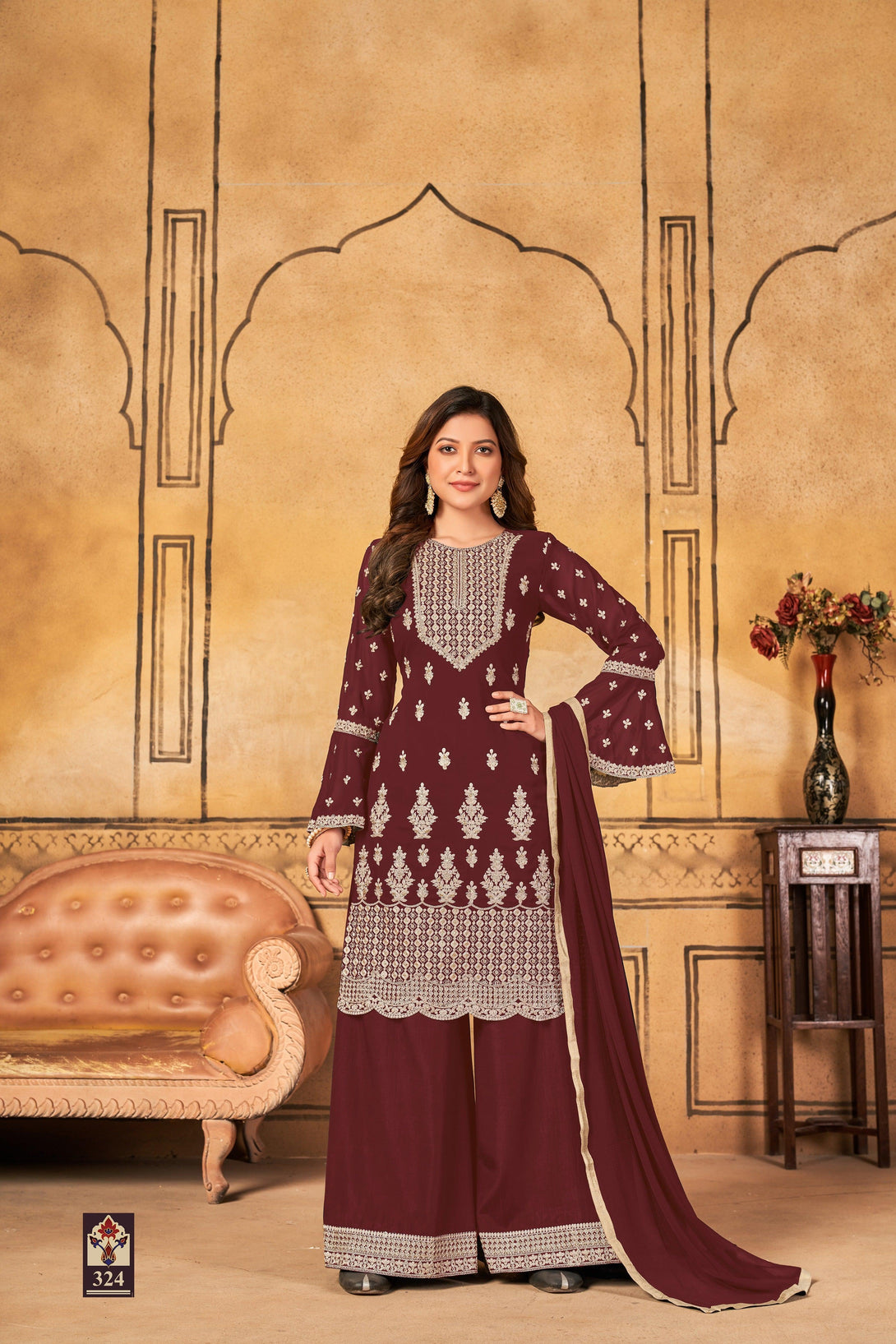 Ethnic Brown Round Neck Faux Georgette Zari Embroidered Womens Salwar Suit - Indiakreations
