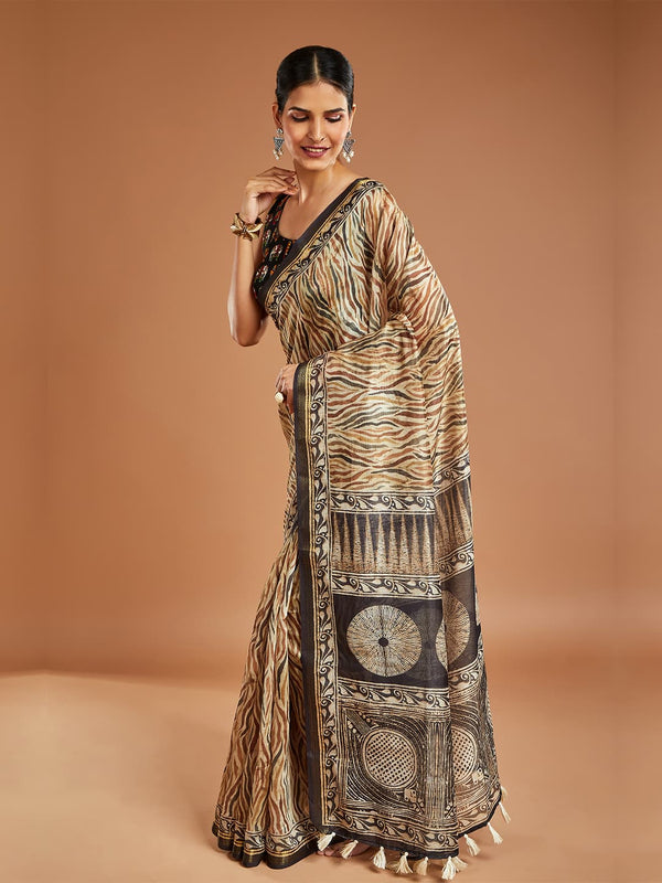 Alluring Mehandi and Black Pashmina Saree With Tassels