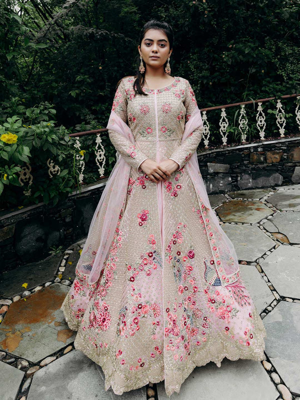 Pink Floral Ethnic Motifs Beautifully Placed On Silver Unstitched Lehenga