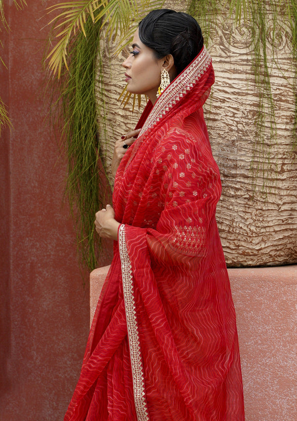 Red Organza Saree with Stripe Print - Indiakreations