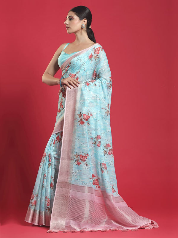 Beautiful Blue Linen Saree with Pink Border and Floral Prints All over