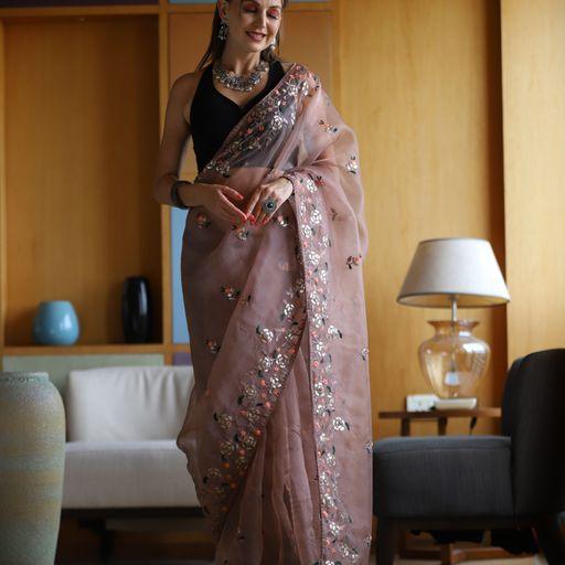 Dusty Organza Embroidery Festive Saree - Indiakreations