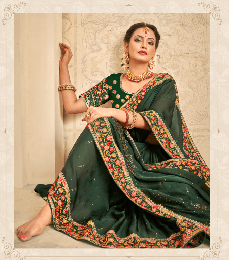 Gorgeous Green Floral Embroidered Satin Silk Saree With Blouse Piece - Indiakreations