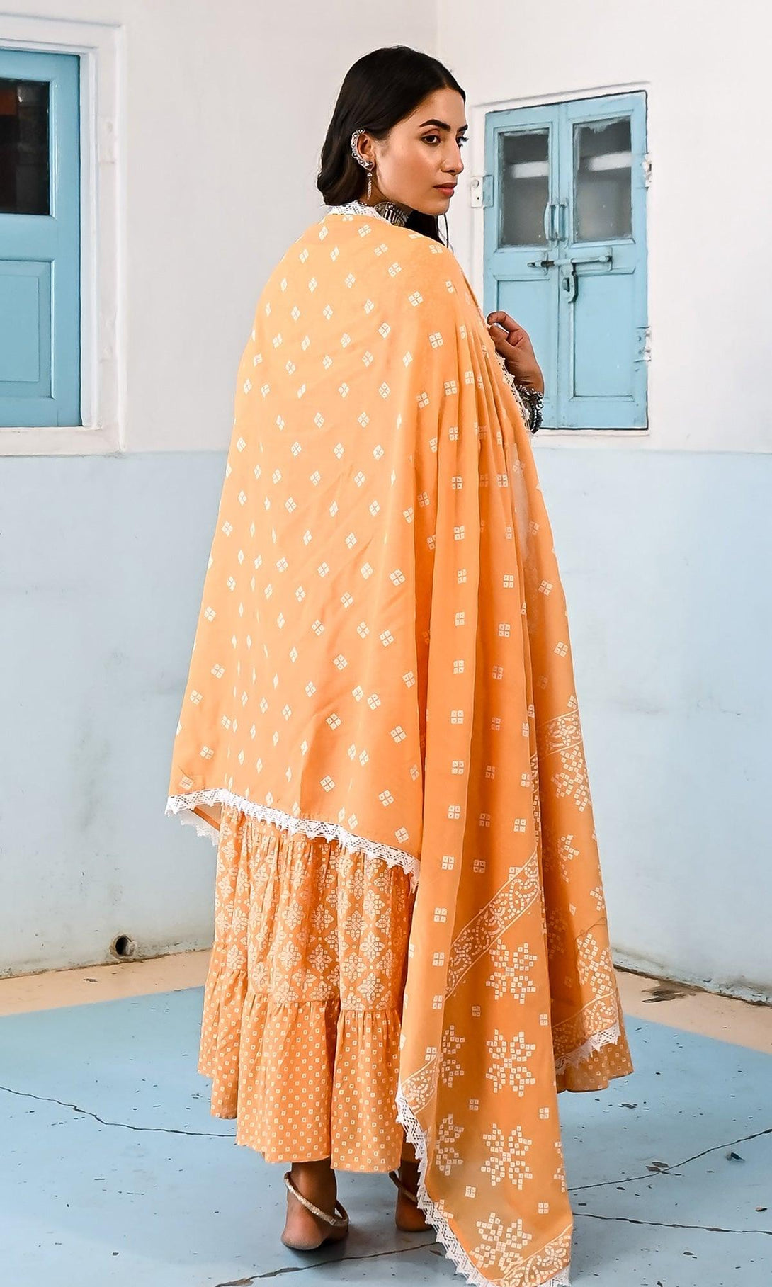 Zahrah 2.0 Orange gather anarkali set - set of 3 - Indiakreations