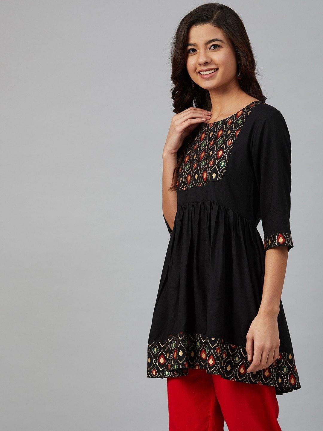 Women's Black & Golden Yoke Design A-Line Kurti - Meeranshi - Indiakreations