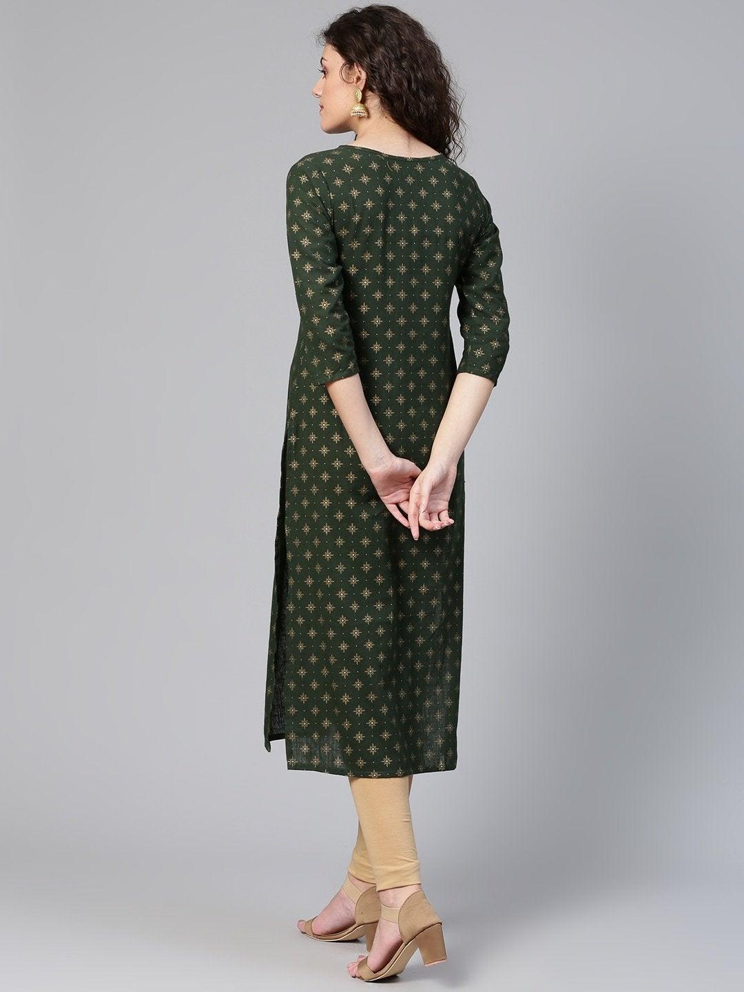 Women's Green & Golden Printed Straight Kurta - Meeranshi - Indiakreations