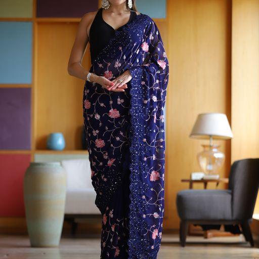 Excellent Georgette Festive Look Saree In Purple - Indiakreations