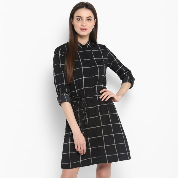 Women's Black and White Check Shirt Dress with Belt - StyleStone