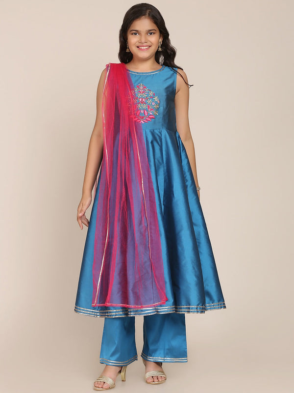 Girl's Blue Floral Embroidered Yoke Design Pleated Kurta with Palazzos & Dupatta - NOZ2TOZ KIDS