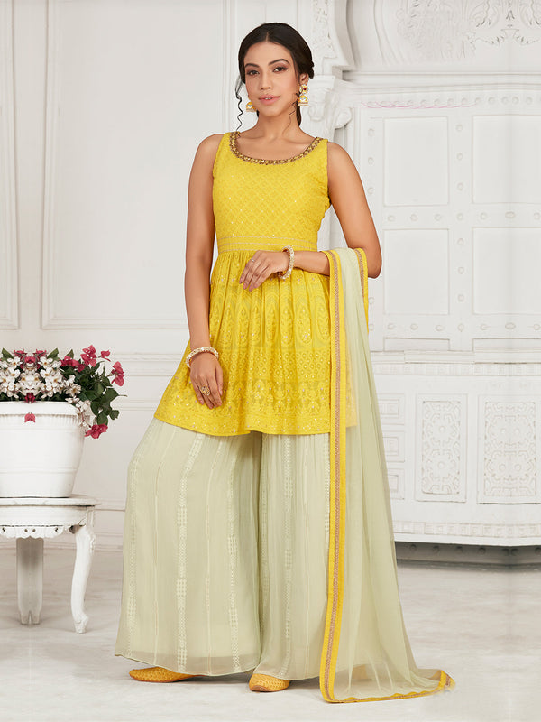 Beautiful Yellow & White Georgette Short Kurti Palazzo Set By Suvidha