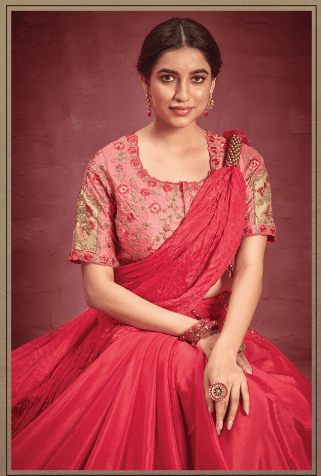 Glamorous Silk Crepe Heavy Embroidered Stylish Saree In Pink - Indiakreations