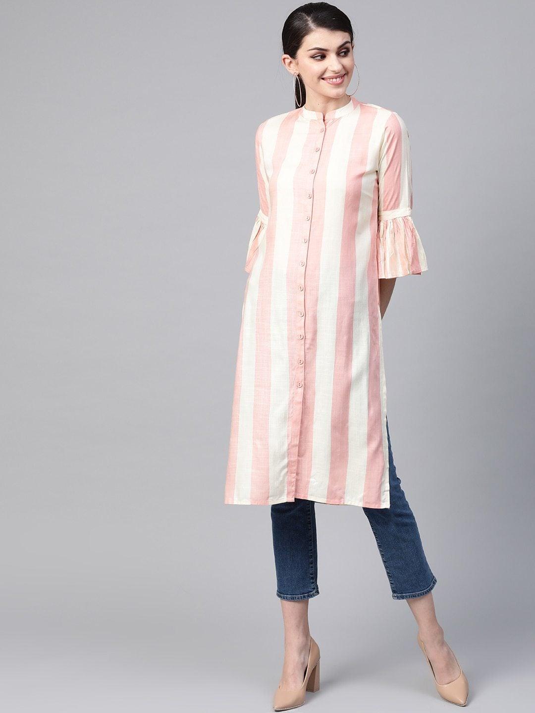 Women's Cream-Coloured & Pink Striped Straight Kurta - Meeranshi - Indiakreations