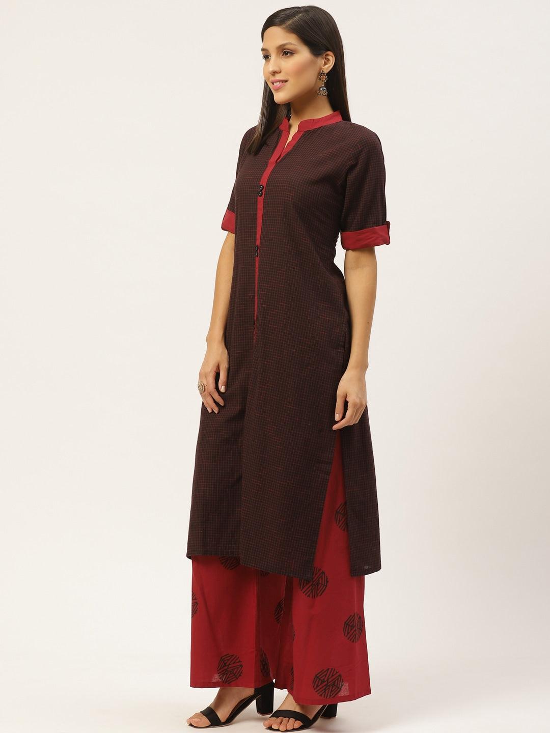 Women's Black & Red Checked Kurta With Block Print Palazzo - Noz2Toz - Indiakreations