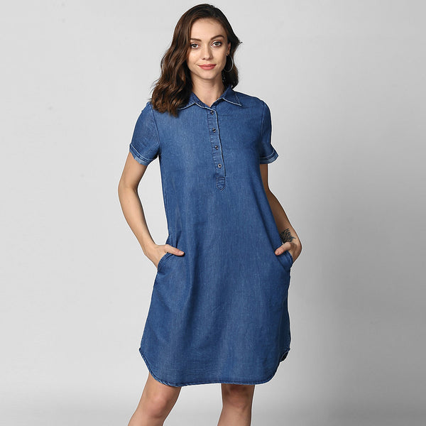 Women's Blue Denim Front Button Shirt Dress - StyleStone