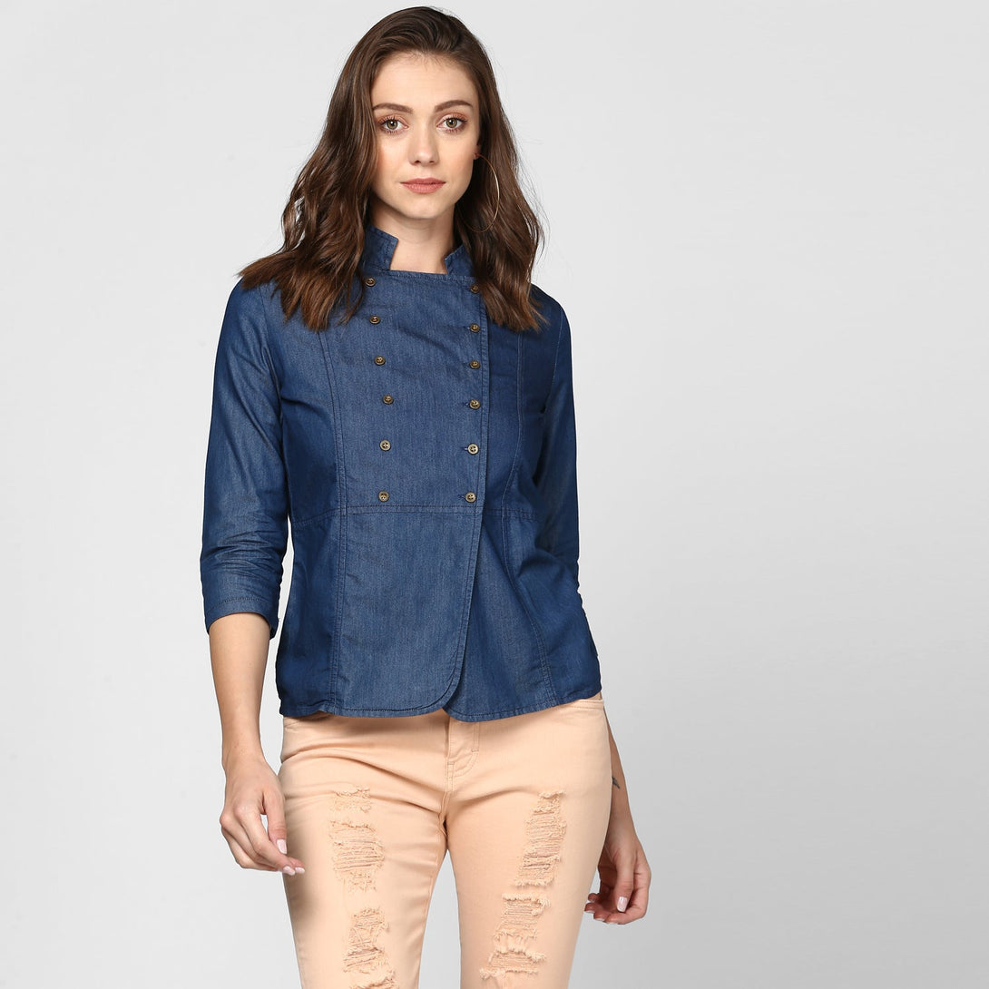 Women's Blue Denim Double Breast Style Top - Stylestone