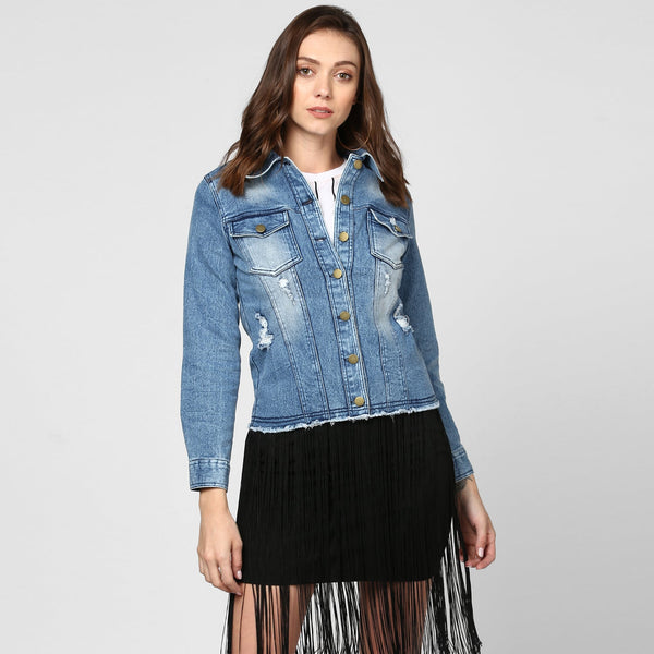 Women's Blue Distressed Denim Jacket - StyleStone