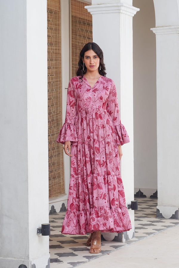 Pink floral frill Maxi - Indiakreations