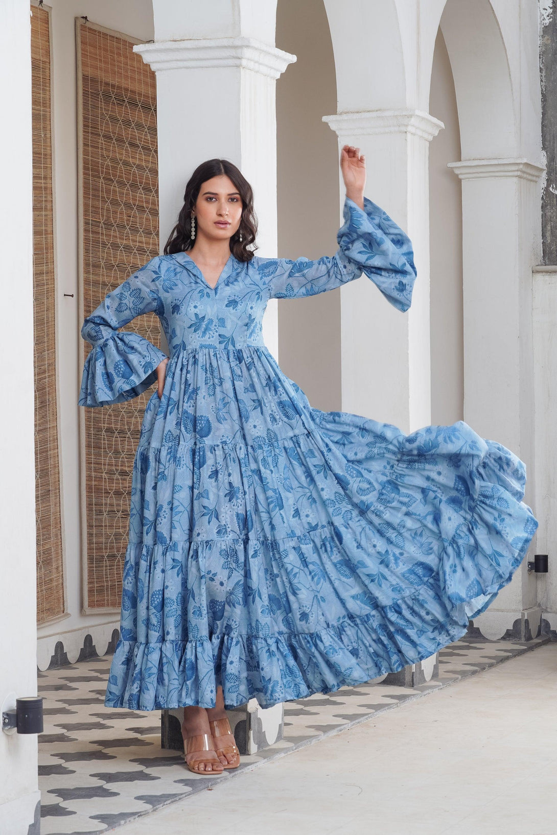 Blue floral frill Maxi - Indiakreations