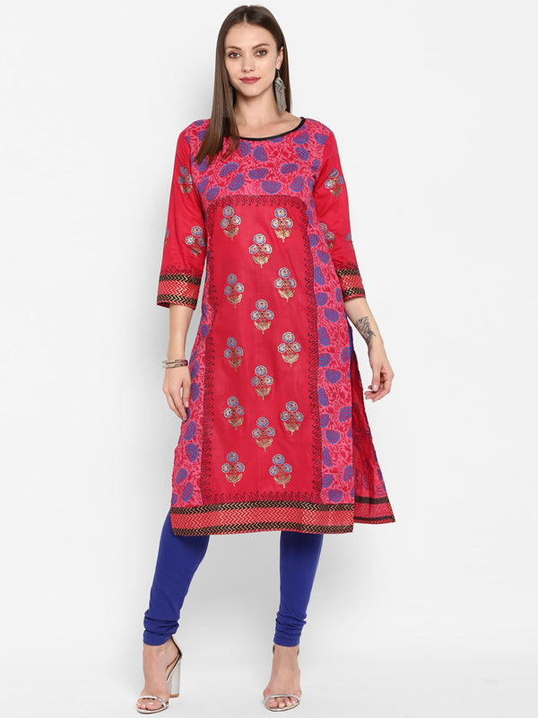 Women's Pink Ethnic Motifs Printed Mirror Work Kurta - Noz2Toz