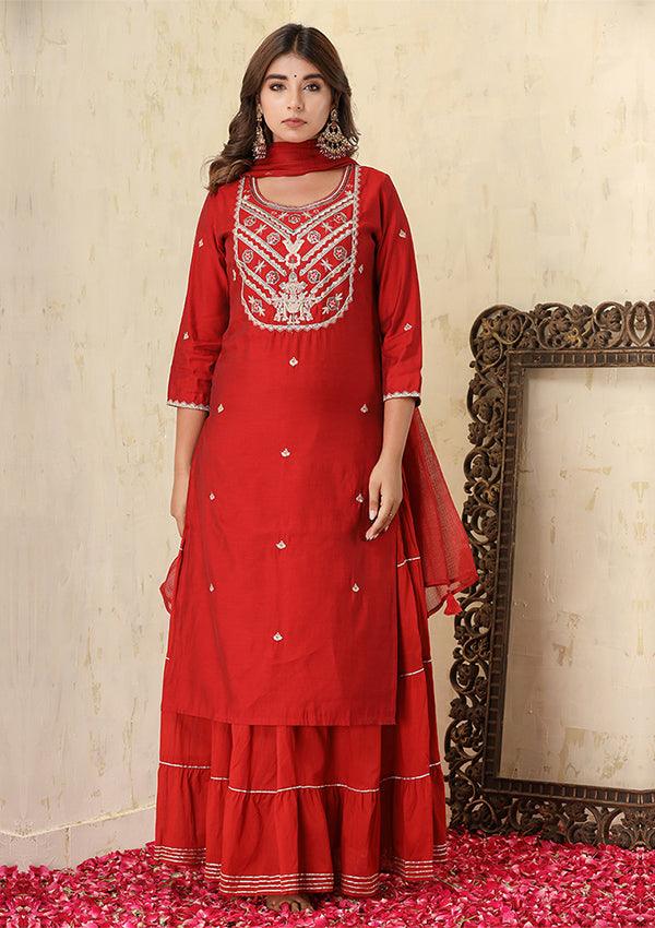 Red Silk Embroidery Kurta Skirt Set - Indiakreations