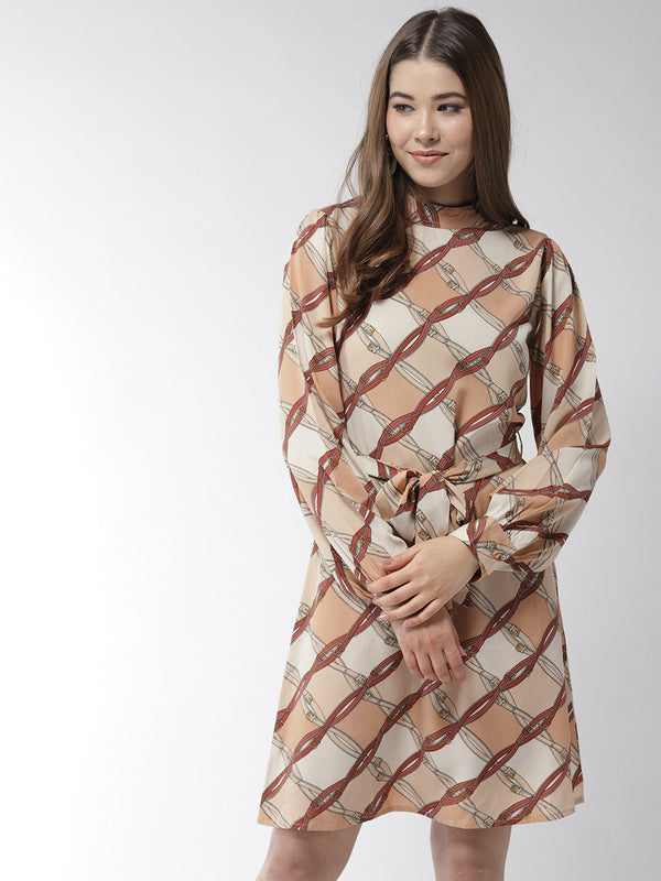 Women's Brown Polyester Belt Print Manderin Collar Dress with belt - StyleStone