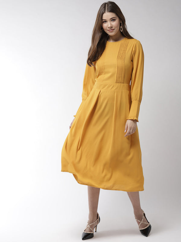 Women's Yellow Polyester Moss Pintuck And Pleated Midi Dress - Stylestone