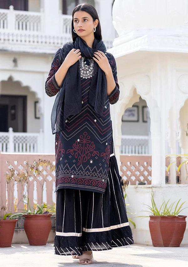 Black Embroidered Cotton Kurta Sharara Set With Dupatta - Indiakreations