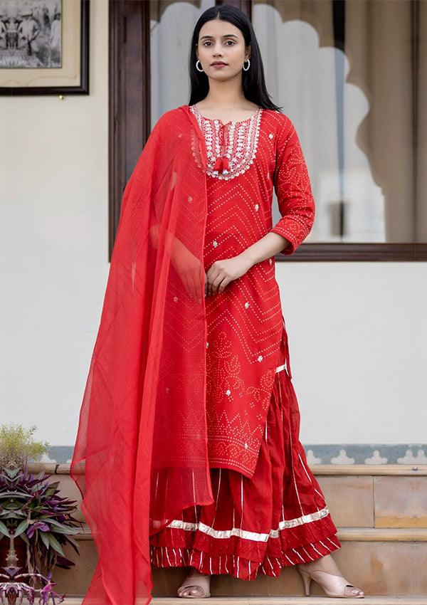 Red Embroidered Cotton Kurta Sharara Set With Dupatta - Indiakreations