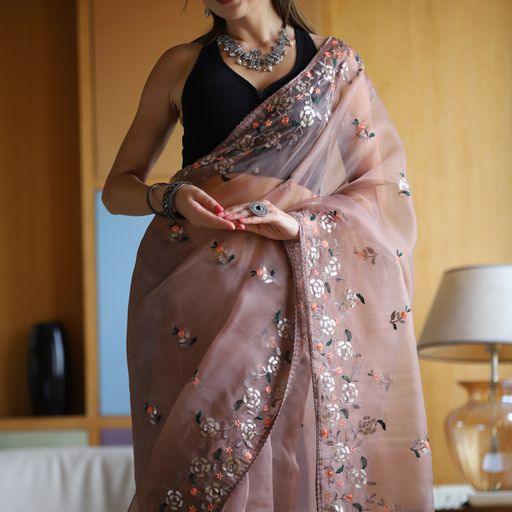 Dusty Organza Embroidery Festive Saree - Indiakreations