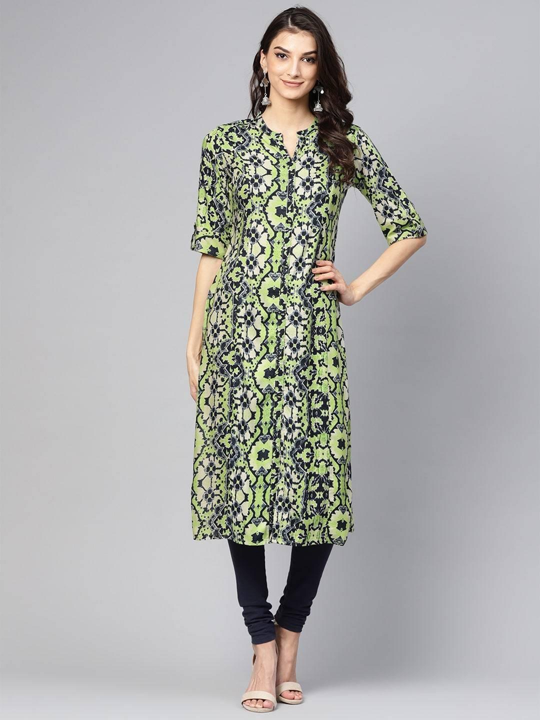 Women's Green & Navy Printed Straight Kurta - Meeranshi - Indiakreations