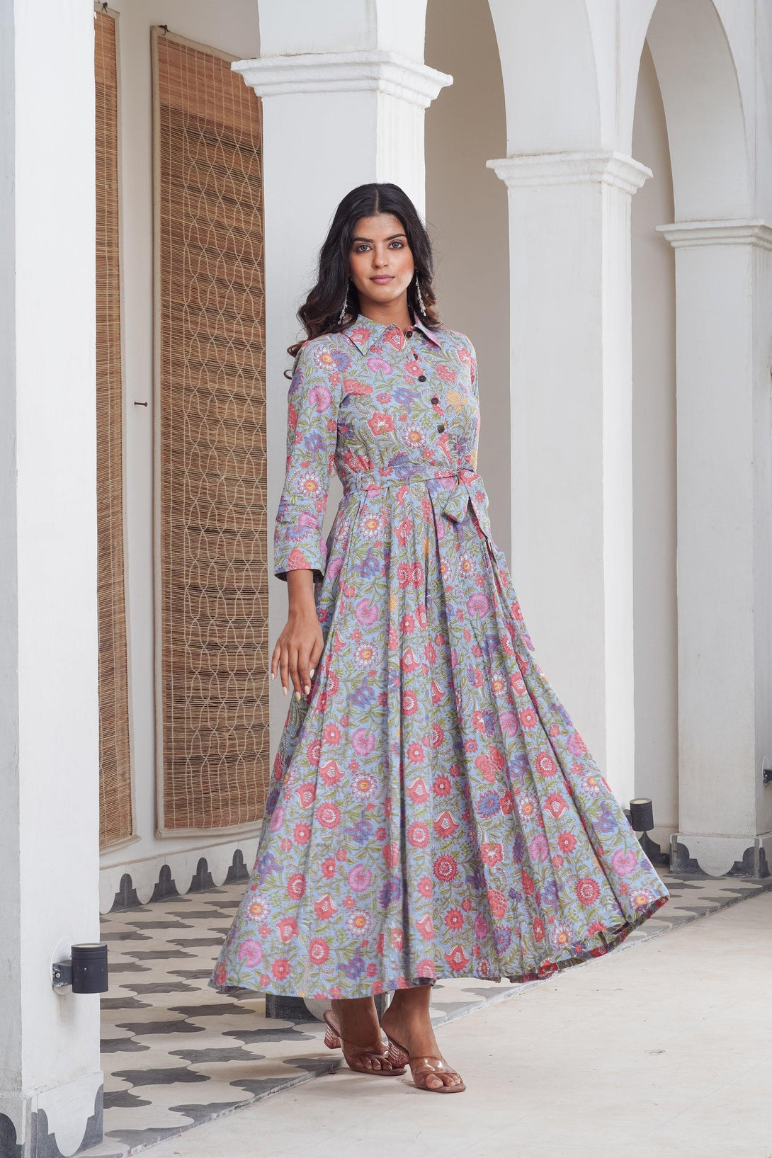 Floral multicoloured shirt collar Maxi - Indiakreations