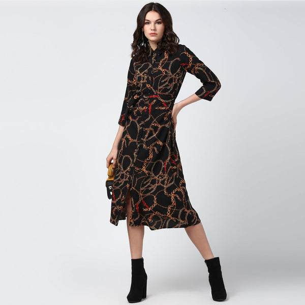 Women's Black and Yellow Chain Print Midi Dress - StyleStone