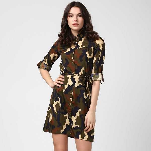 Women's Camouflage Print Shirt Dress - StyleStone