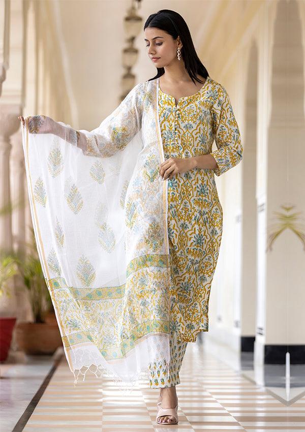 Yellow Handblock Printed Cotton Suit Set - Indiakreations