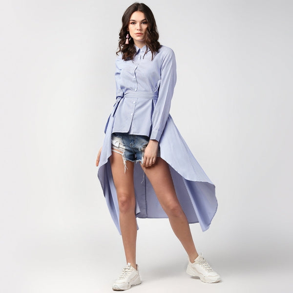 Women's Blue Stripe Hi Lo Top - StyleStone